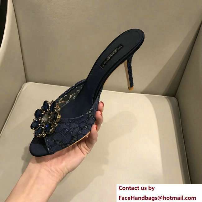 Dolce  &  Gabbana Heel 7cm Slippers Dark Blue In Lace With Crystals 2018